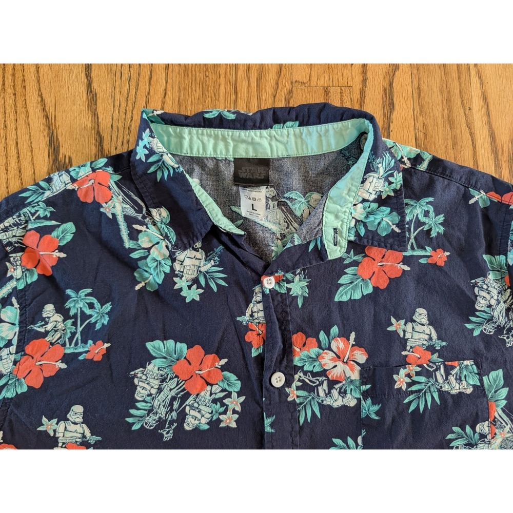 Star Wars Mens Hawaiian Shirt L Blue Button Up Storm Trooper Darth Vader Aloha